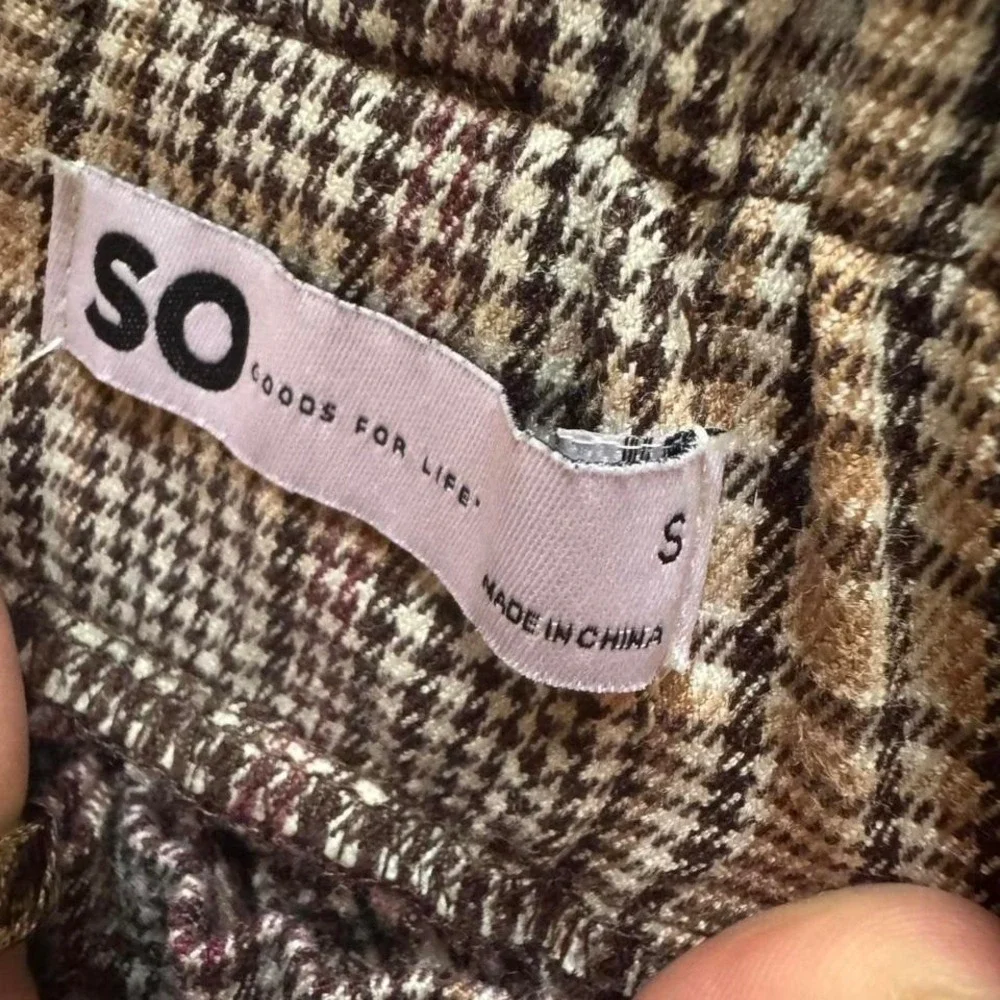 Plaid Work Trousers Black Tan Pink With Tie High-Waisted Size Small Office Prep